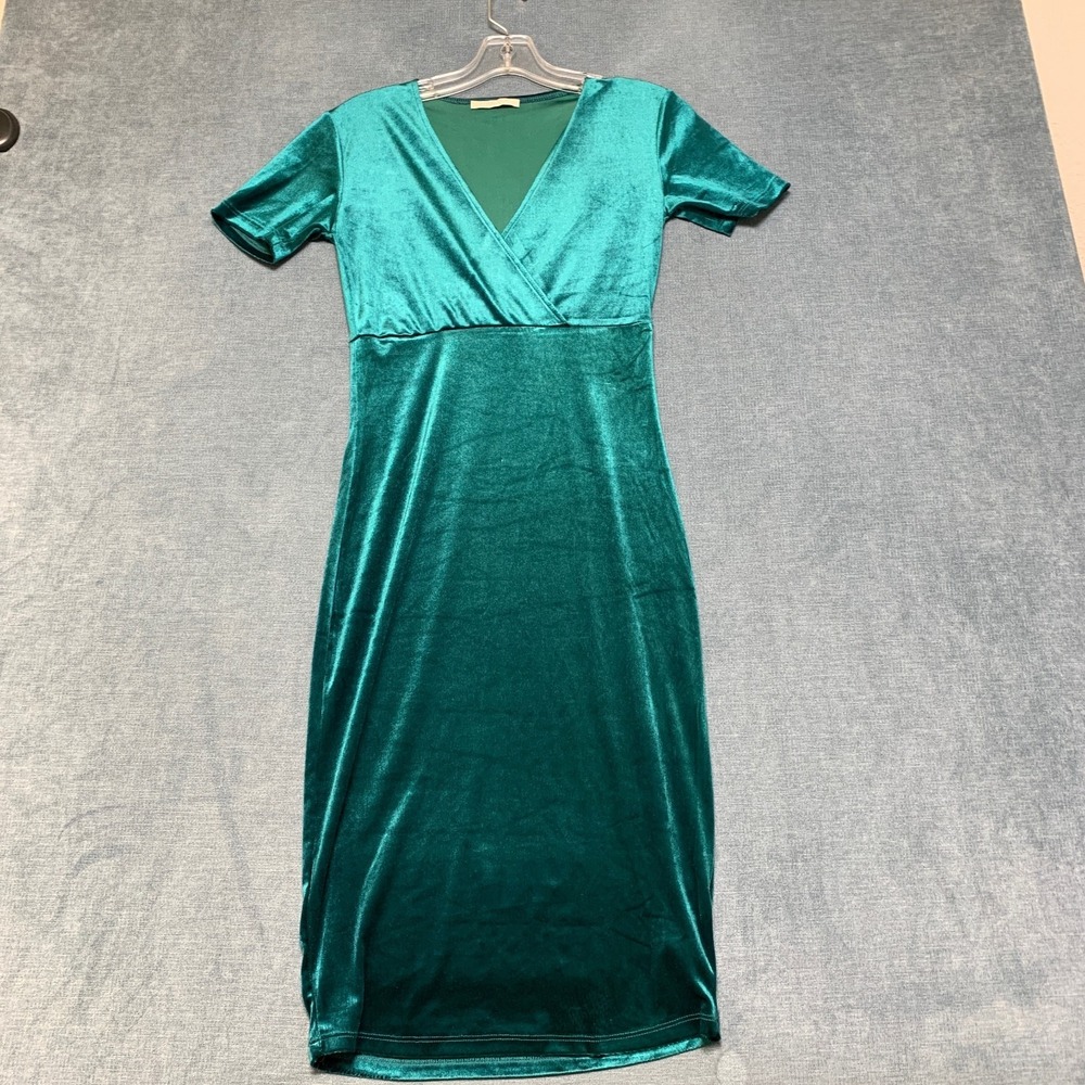 Zara Trafaluc Cocktail Dress‎ Womens Small Teal Green Velvet Short Sleeve V-Neck